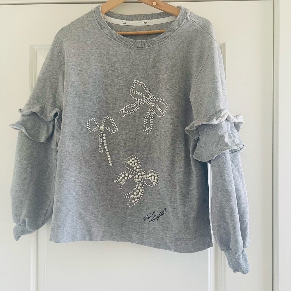 Karl Lagerfeld Gray Ruffled Embellished Hoodie